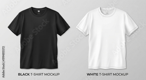 Two blank t-shirts, one black and one white, displayed side-by-side on a plain background for design mockup