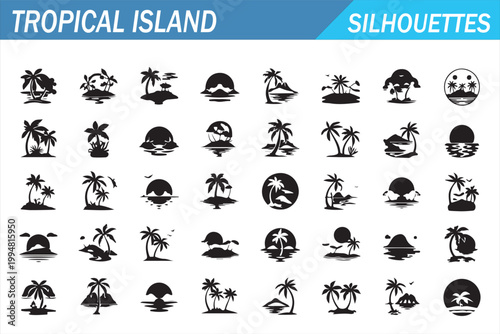 Tropical island silhouettes icon set isolated on white background, black beach paradise symbols with palm trees, sun, hammock, hut, boat, and ocean elements for summer travel design