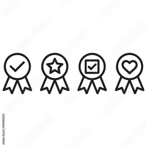 Minimalist Award Ribbon Badge Icon Set with Checkmark, Star, and Approval Symbols in Clean Outline Style