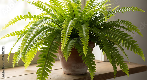 A lush boston fern in a terracotta pot sits near a bright window on transparent