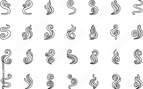 Collection of abstract swirling smoke and steam elements in line art style