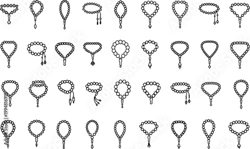 Collection of line art prayer beads and rosary beads isolated on white background