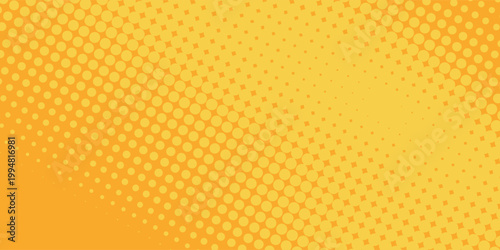 Vector yellow halftone pattern. Retro comic gradient background. Bright orange pixelated dotted texture overlay. background illustration