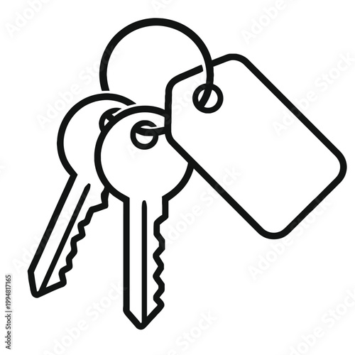 Keychain with Two Keys and Blank Label Tag Vector Icon - Minimalist Line Art Illustration for Real Estate Closing, Property Management, New Home Ownership, and Locksmith Services