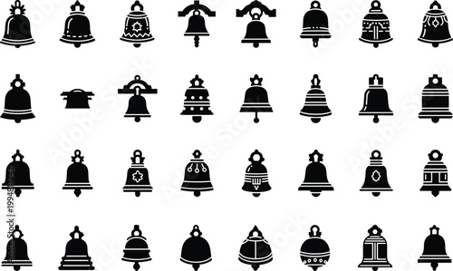 Decorative ritual bells collection in black silhouette style for temple and church designs