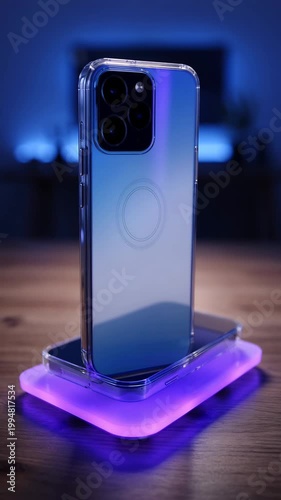 Modern Smartphone With Clear Protective Case Resting On Illuminated Wireless Charger With Blue Ambient Lighting And Blurred Background
