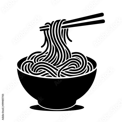 Noodle bowl with chopsticks minimalist black and white vector illustration, Ramen bowl icon with noodles being lifted by chopsticks silhouette