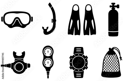 Scuba diving equipment silhouettes set with mask fins and oxygen tank, Underwater snorkeling gear icons for summer vacation and water sports
