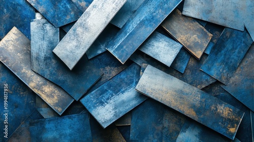 Close up textured metal sheets with weathered blue and gray patina creating an industrial abstract background pattern