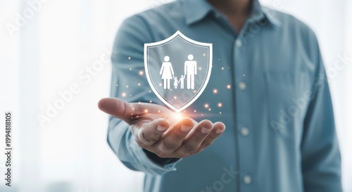 Family insurance concept with glowing shield icon, man holding virtual security symbol for life protection, healthcare and financial safety planning
