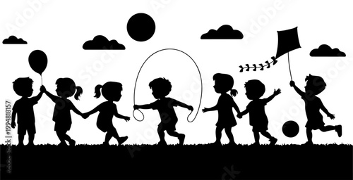 Children playing in the field hand drawing vector illustration, silhouette, children, people, vector, family, playing, group, baby, boy, girl