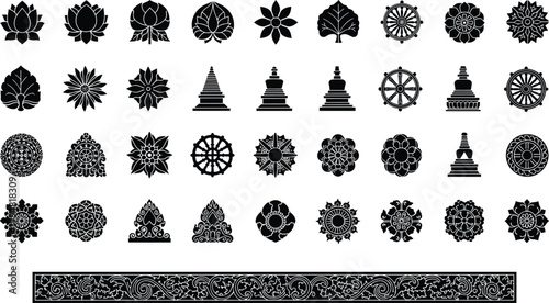 Set of buddhist symbols and lotus icons in silhouette style for decorative design projects