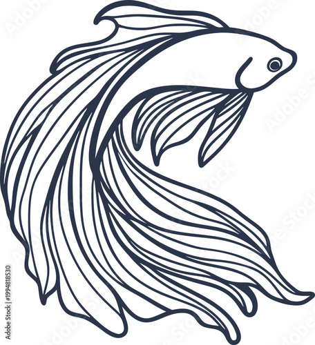 Elegant betta fish line art with flowing fins and graceful aquatic design