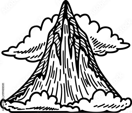 Black and white sketch of a volcanic mountain erupting with smoke clouds surrounding the peak