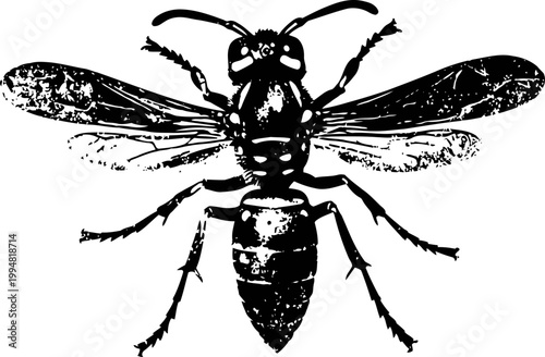 Detailed black and white illustration of a wasp with spread wings in symmetrical top view