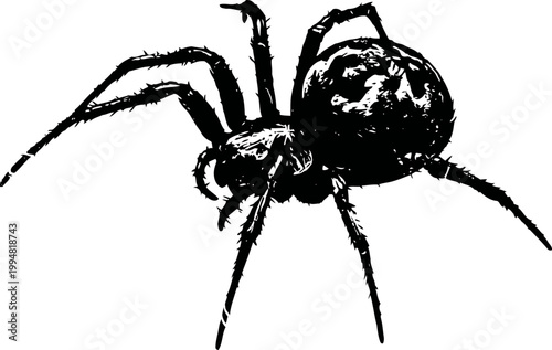 Black widow spider illustration with detailed legs and body silhouette isolated on white