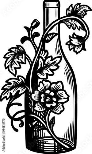 Decorative glass bottle entwined with blooming floral vine and leaves vintage illustration