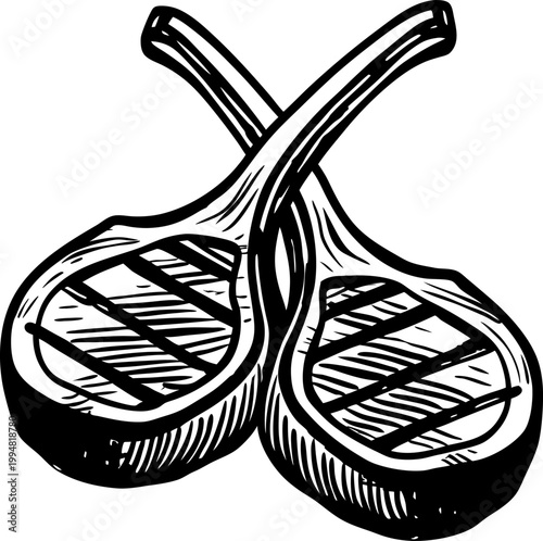 Two grilled lamb chops with crossed bones, detailed black and white vintage illustration