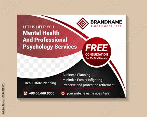 Horizontal banner template for psychology therapy. Let us help you, mental health and professional psychology services poster. curve shape for photo space. red and black color  on elements