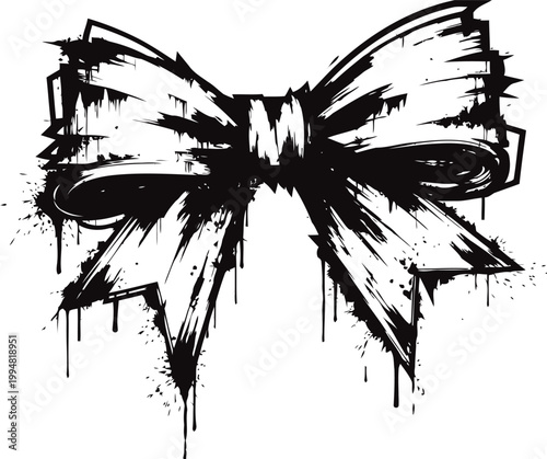 Grunge paint splatter bow illustration, black and white decorative ribbon design symbol