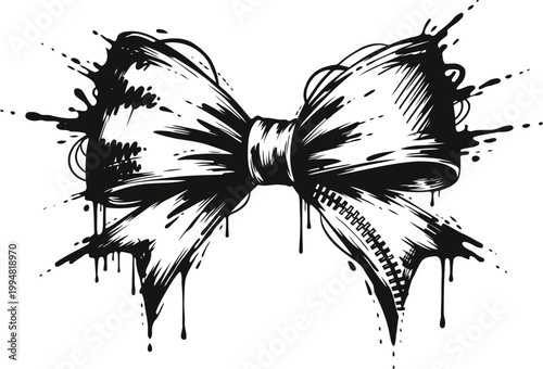 Black ink splattered bow illustration with paint drips and textured shading design