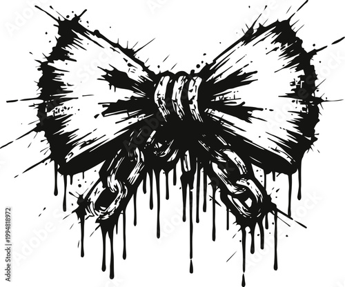 Black grunge bow tied with chains, ink splatter and dripping paint, edgy gothic tattoo and street art design
