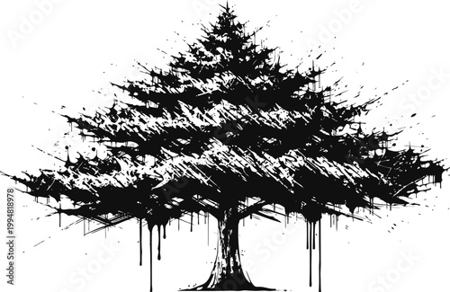 Abstract black pine tree silhouette with paint splatter and dripping ink effect on white background