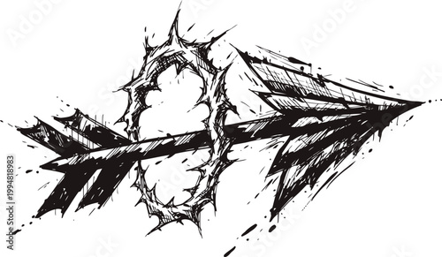 Black ink arrow piercing through a circular thorn crown grunge tattoo sketch with sharp details and splashes