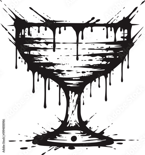 Grunge ink splatter cocktail glass illustration with dripping paint effect