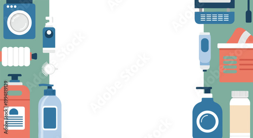 A minimalist vector layout featuring household cleaning supplies like soap, detergent, and a washer, bordering a central white area.