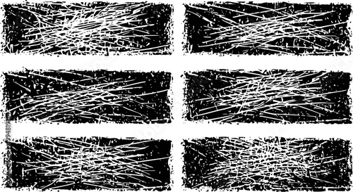 Grunge black banners with distressed scratched texture and rough edges set on white background