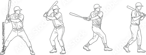 Set of baseball player action poses featuring a batter swinging the bat, representing sports, athletics, and hitting techniques.