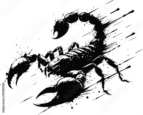 black ink scorpion illustration with splatter effect and dynamic brush strokes