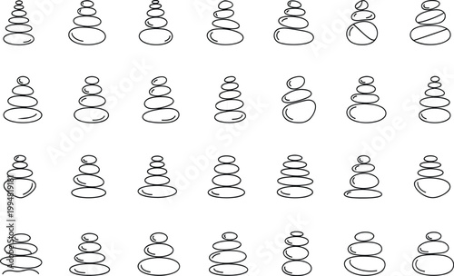 Stacked balance stones zen pebbles arranged in piles isolated on white background