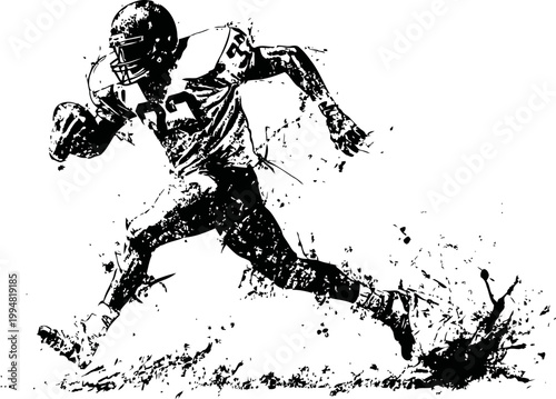 American football player running with ball in dynamic splash ink effect illustration