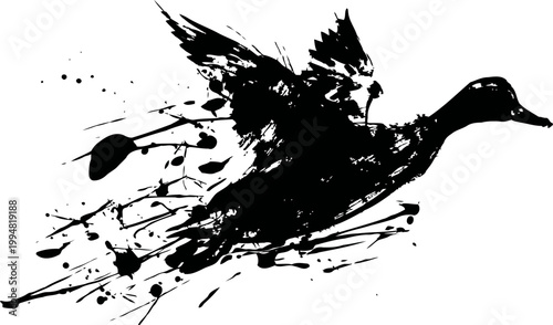 Flying duck silhouette with artistic ink splash effect in motion, dynamic wildlife illustration