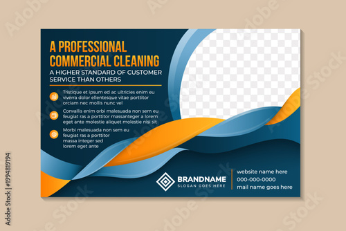 a professional commercial cleaning service horizontal banner template design with photo space and infographic icon. wave shape using combination blue and yellow gradient isolated on blue background
