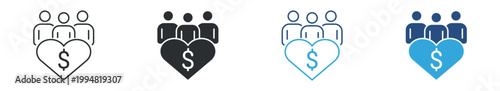 Crowdfunding icon set. Team with heart and dollar symbol, community funding and financial support concept, donation and investment collaboration icon, vector illustration