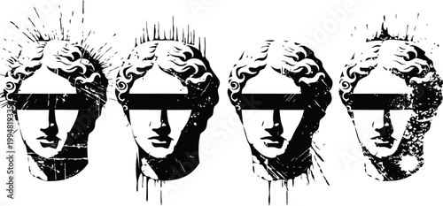 Abstract classical statues with glitch effects and black censor bars, digital art design elements