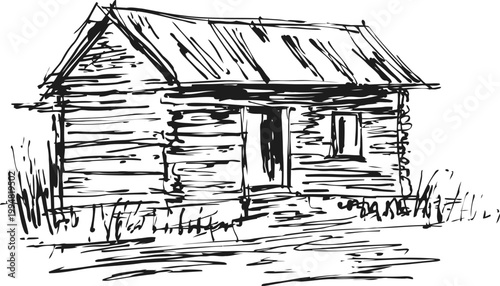 Rustic wooden cabin sketch hand drawn log house with pitched roof and open doorway outdoor countryside shelter illustration