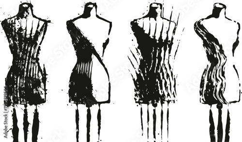 Four artistic black and white mannequin silhouettes with distressed rough textures