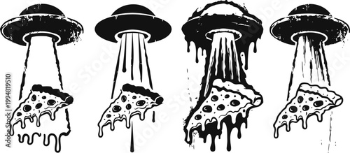 alien spaceship abducting melting pizza slice in surreal black and white illustration