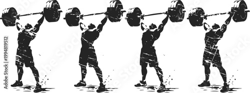 strong man lifting heavy barbell overhead in exercise gym workout for strength training