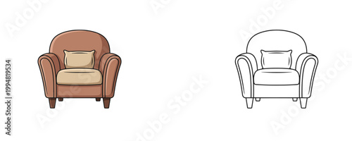 Comfortable armchair illustration in flat and line styles brown and beige colors furniture for home interior or library reading area isolated on white background