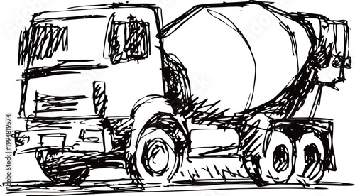 Concrete mixer truck sketch in black and white construction vehicle outline drawing for industrial and building concept