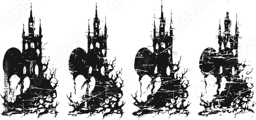 gothic clock tower silhouette with abstract grunge texture and twisted tree branches