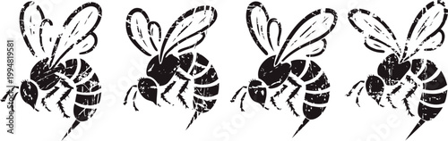 Four black bee silhouettes in varying flight positions insect wings, yellow and black stripes, buzzing insects set