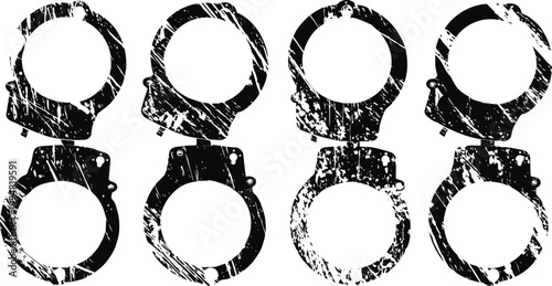 Grunge silhouette of four metal handcuffs in a row on white background