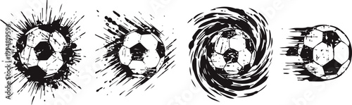 Four dynamic soccer balls with motion effects, splashes, and speed trails, illustrating energy and movement