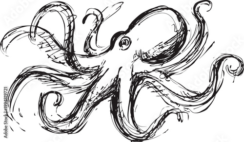 hand drawn octopus sketch with swirling tentacles, ocean creature illustration in black ink